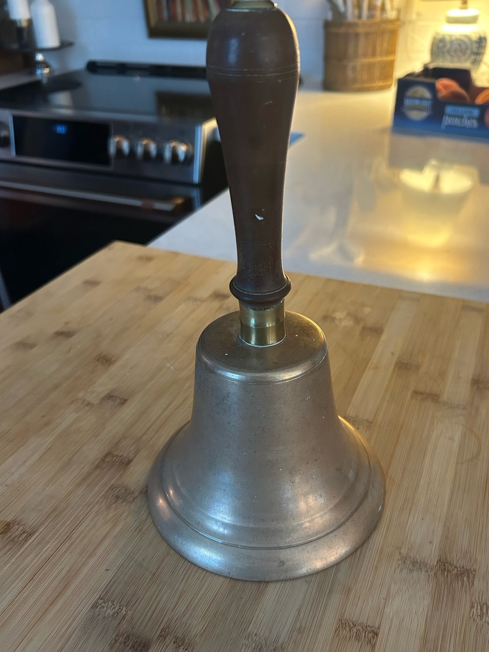 Vintage-Style Brass Dinner Bell with Dark Wood Handle - Brass Finish
